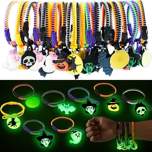 OuMuaMua Pulseras con cremallera para fiestas de Halloween para niños, paquete de 28 pulseras con cremallera que brillan en la oscuridad para
