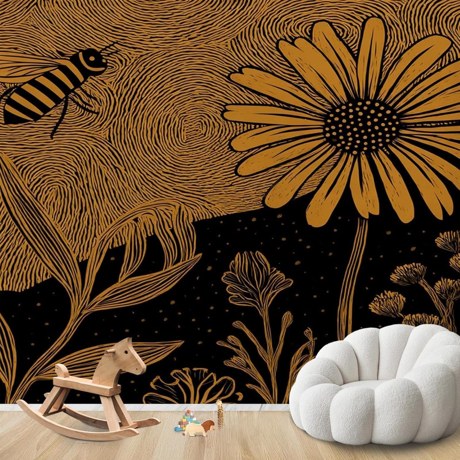pdghsdkgjh Photo Wallpaper Bee Flowers Black Gold Retro Non-Woven Modern Living Room Bedroom Children's Room Wall Decoration Motif Wallpaper,400cmx280cm Stickers - Frameless Painting - Poster