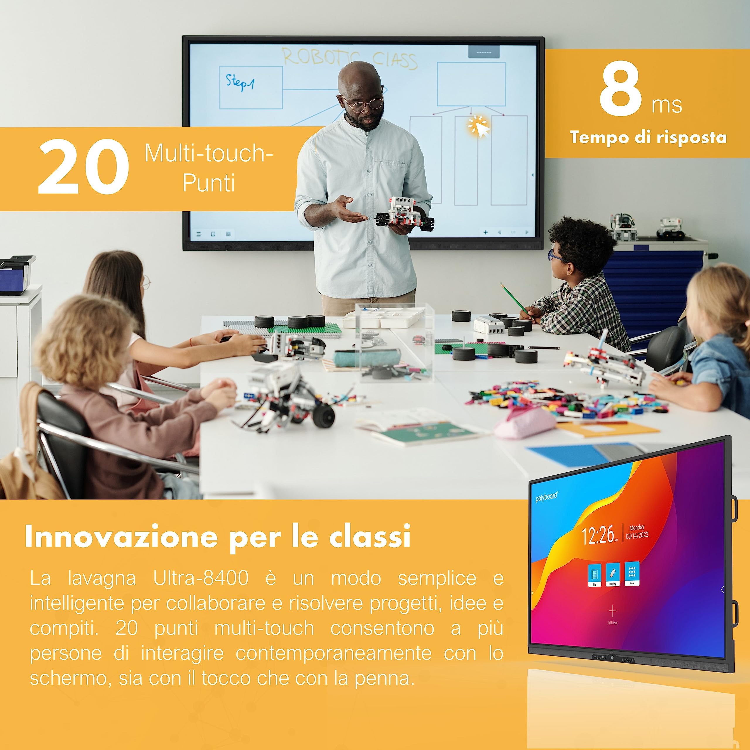 polyboard - Lavagna interattiva 65 pollici 3840x2160 UHD 2.4GWiFi - Smart Board elettronica multimediale da muro digitale - Monitor interattivo touch-screen da parete - Schermo per la classe e aziende