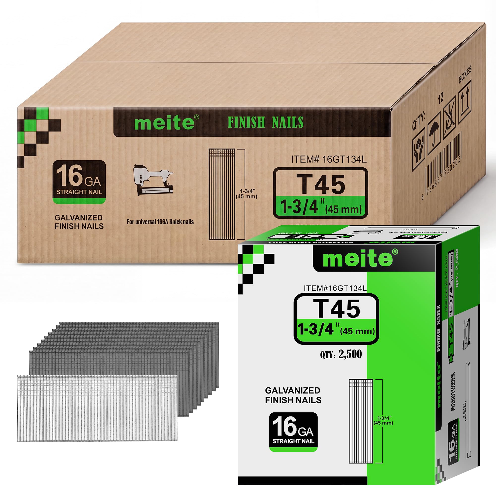 meite 16 Gauge Finish Nails 1-3/4 Inch Galvanized Straight T-Nail 30,000PCS