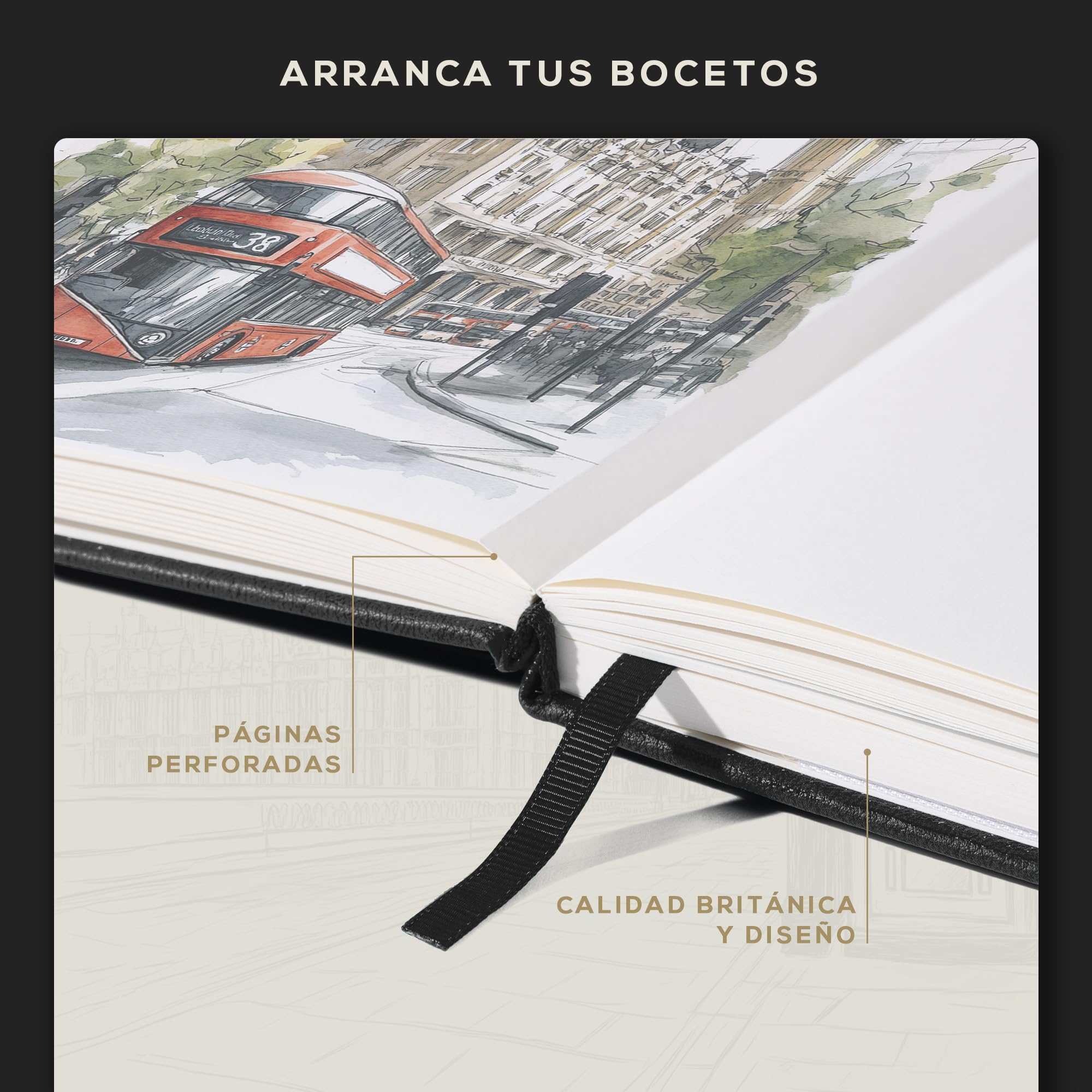 BEECHMORE BOOKS Cuaderno de bocetos A4 (21 x 29,7 cm) – 156 páginas, 160 g/m² | Tapa dura piel vegana, apertura plana, bloc en blanco, caja de regalo, hojas perforadas, bloc de dibujo profesional