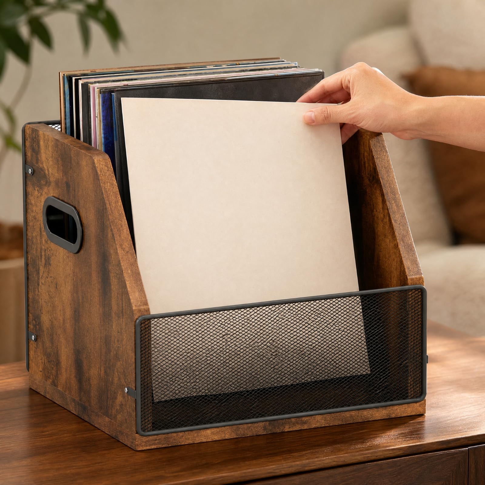predolo Schallplatten- und CD-Aufbewahrungsbox aus platzsparend Aufbewahrungsbox mit Metall-Front praktisch Medienhalt für Wohnzimm