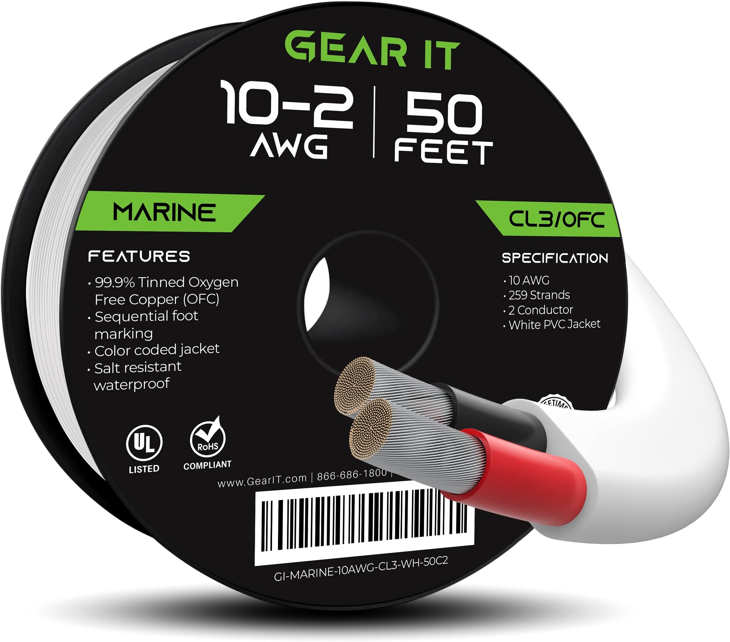GearIT 10/2 Marine Wire (50 Feet) 10AWG Gauge - Tinned OFC Copper/Marine Grade Speaker Cable/Duplex / 2 Conductors - OFC Oxygen-Free Copper, White 50ft