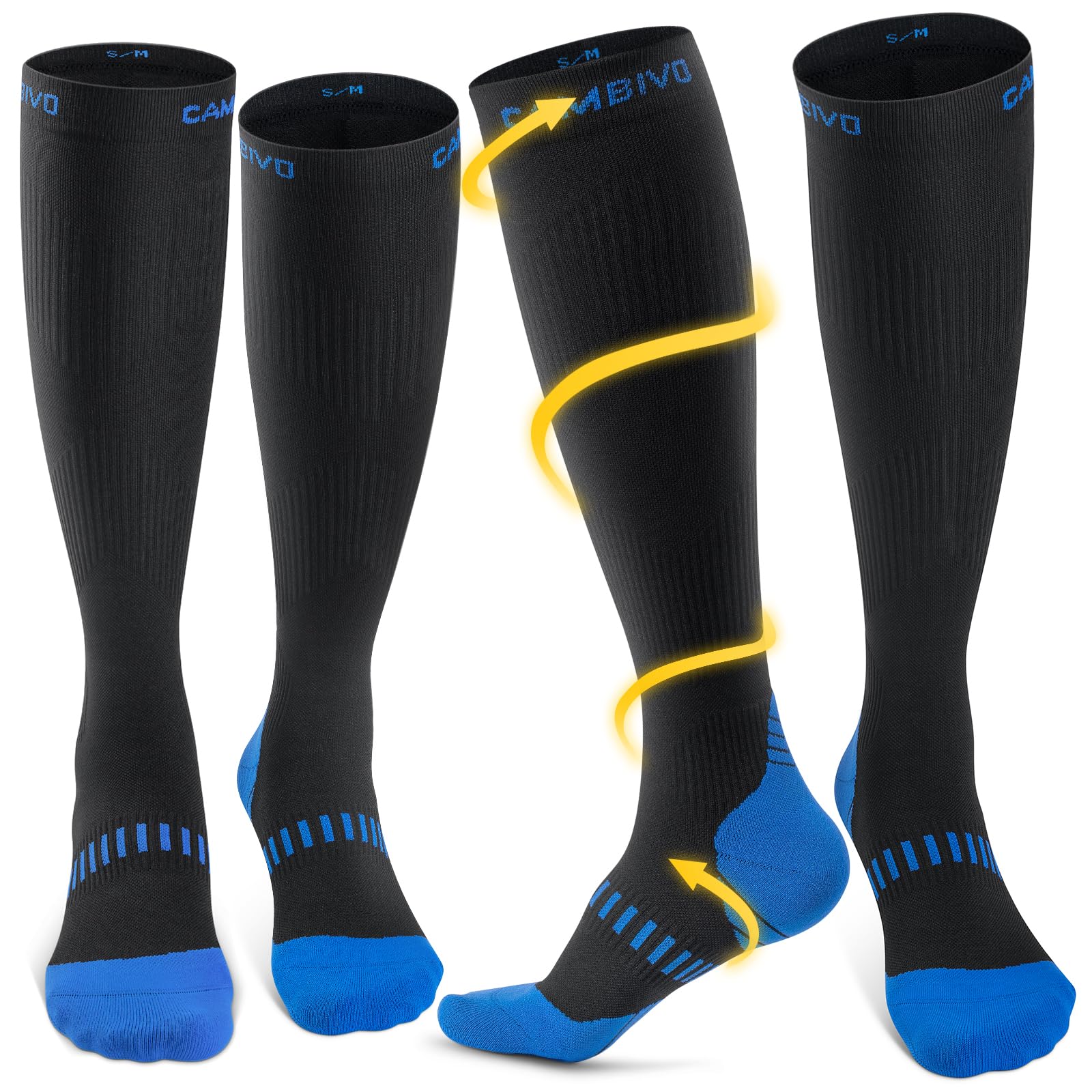 CAMBIVO Kompressionsstrümpfe Herren Damen 2 Paar, Stützstrümpfe Klasse 2 20-30 mmHg, Gepolsterte Kompressionssocken, Thrombosestrümpfe, Compression Socks für Flug, Schwellung, Sport, Reise, Alltag
