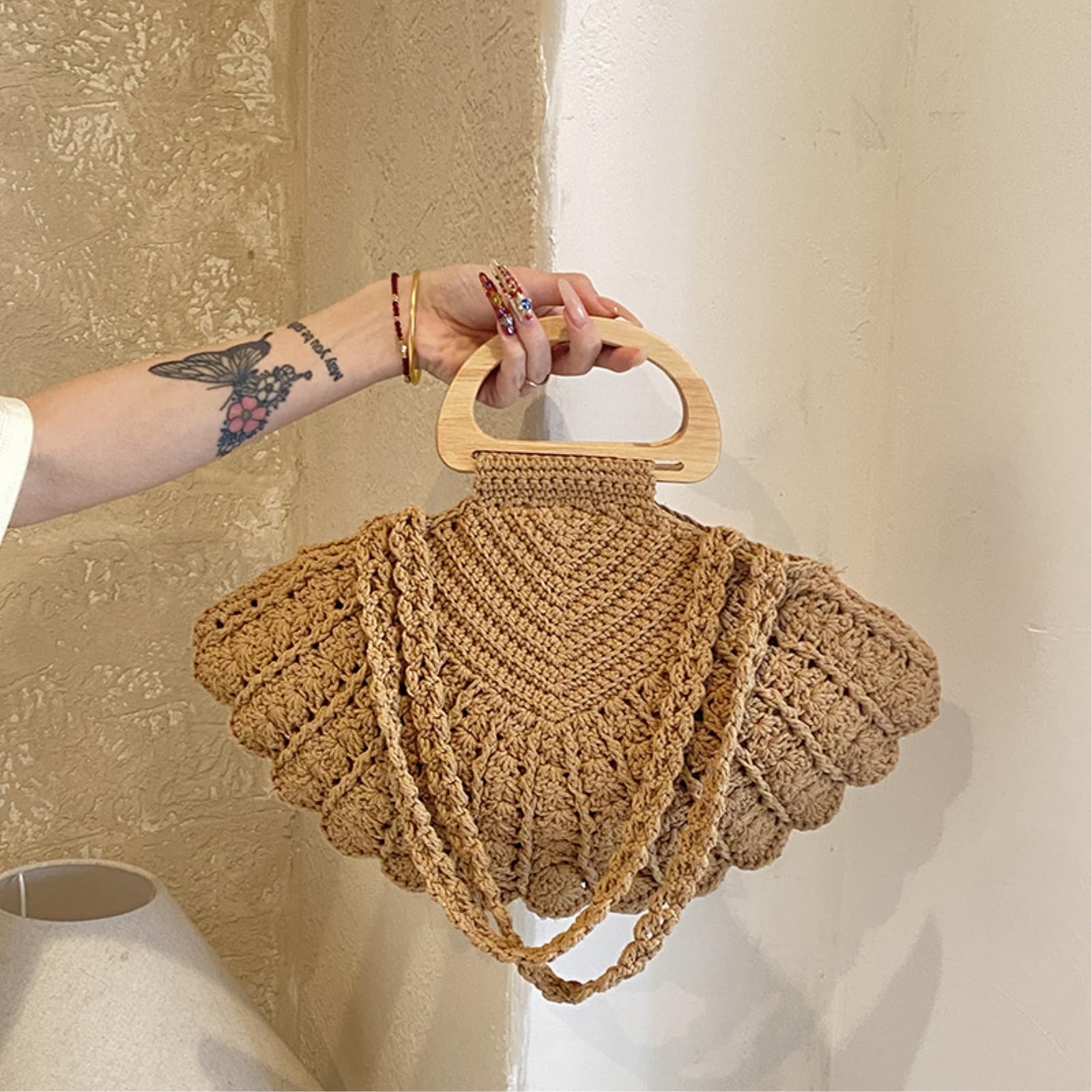 Strohtasche Damen Retro-Stil-Fan-geformte Gehäkelte Unterarmtasche, Vielseitige Schultertasche Mit Holzgriff-Khaki