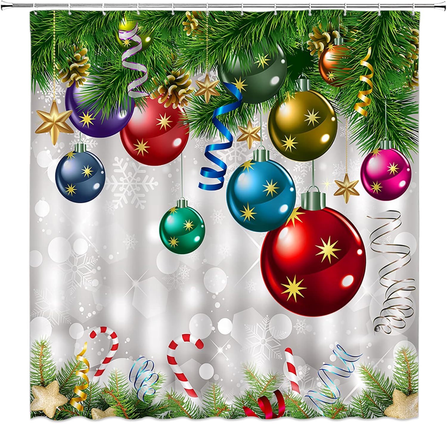 Christmas Balls Shower Curtain Colorful Xmas Balls Snowflake Green Pine Candy Canes Hanging On Pine Tree Branch Winter Holiday Fabric Bathroom Curtains Decor Set with Hook(70" Wx84 H)