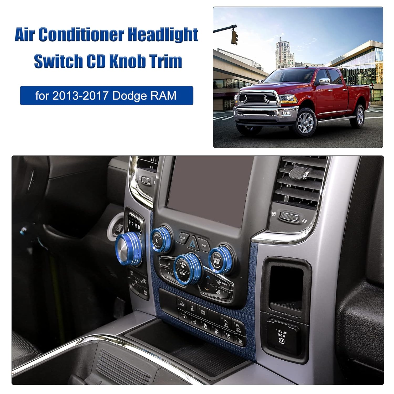 Voodonala for Dodge RAM Air Conditioner Headlight Switch CD Knob Trim for 2013-2017 Dodge RAM Aluminum 5pcs Blue