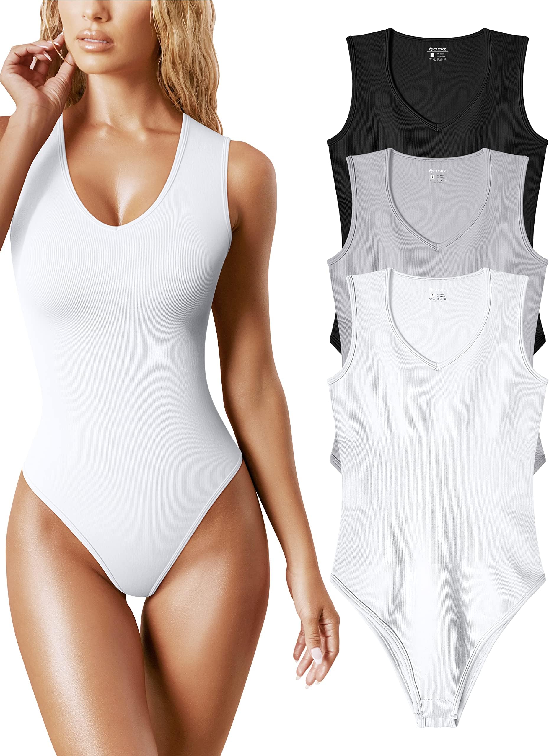 OQQ Women's 3 Piece Sexy Ribbed V Neck Sleeveless Tank Top BodySuit, Black,grey,white, Small