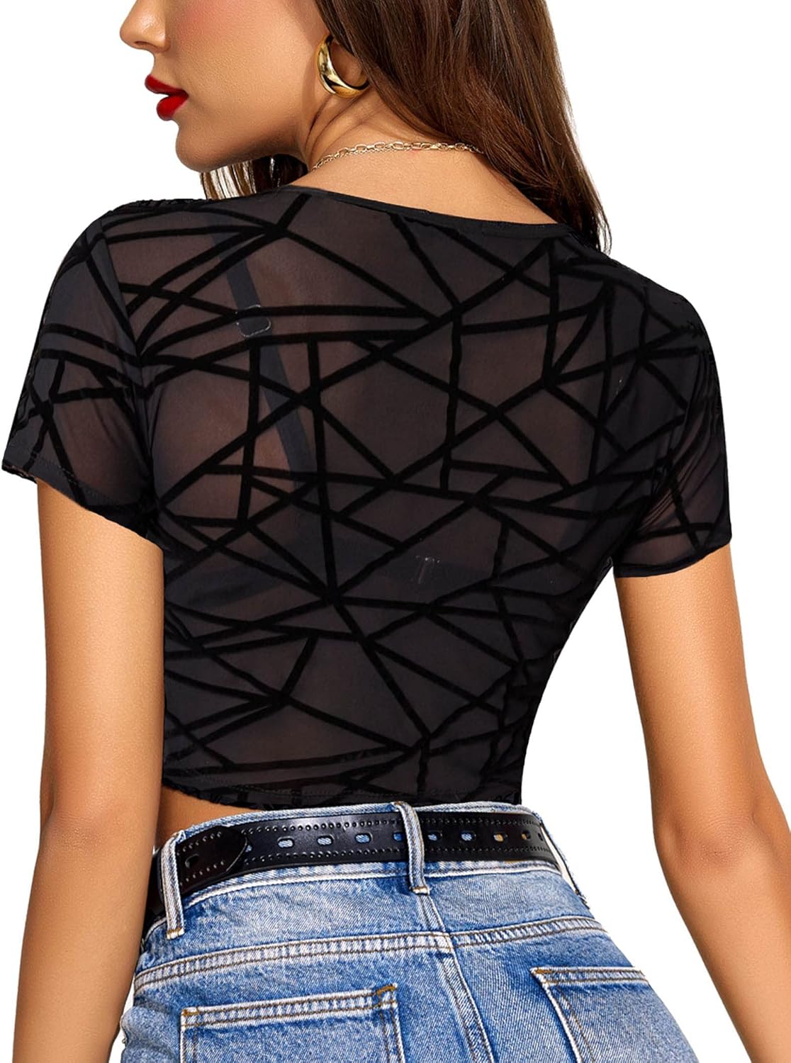 Avidlove Mesh Crop Top for Women Short Sleeve Bodycon Tees Y2k See Through Blouse O Neck Clubwear - Image 2