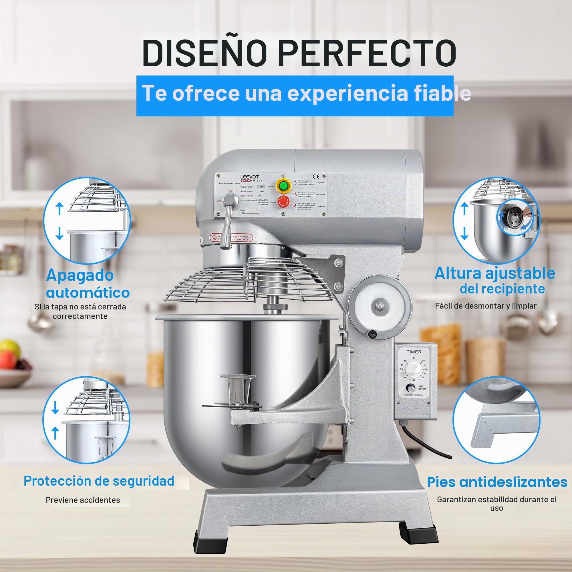 LEEVOT Amasadora planetaria comercial (1, Versión de temporizador 20L)