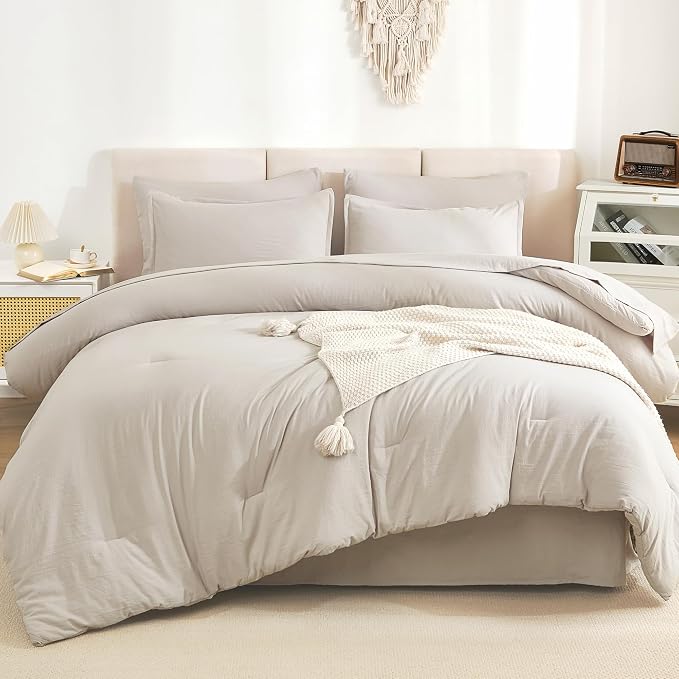 Litanika Comforter King Size Set Tannish Grey - 7 Pieces Bed in a Bag King Beddding Comforter Sets, Plain Lightweight Bed Set with Comforter, Sheets, Pillowcases & Shams