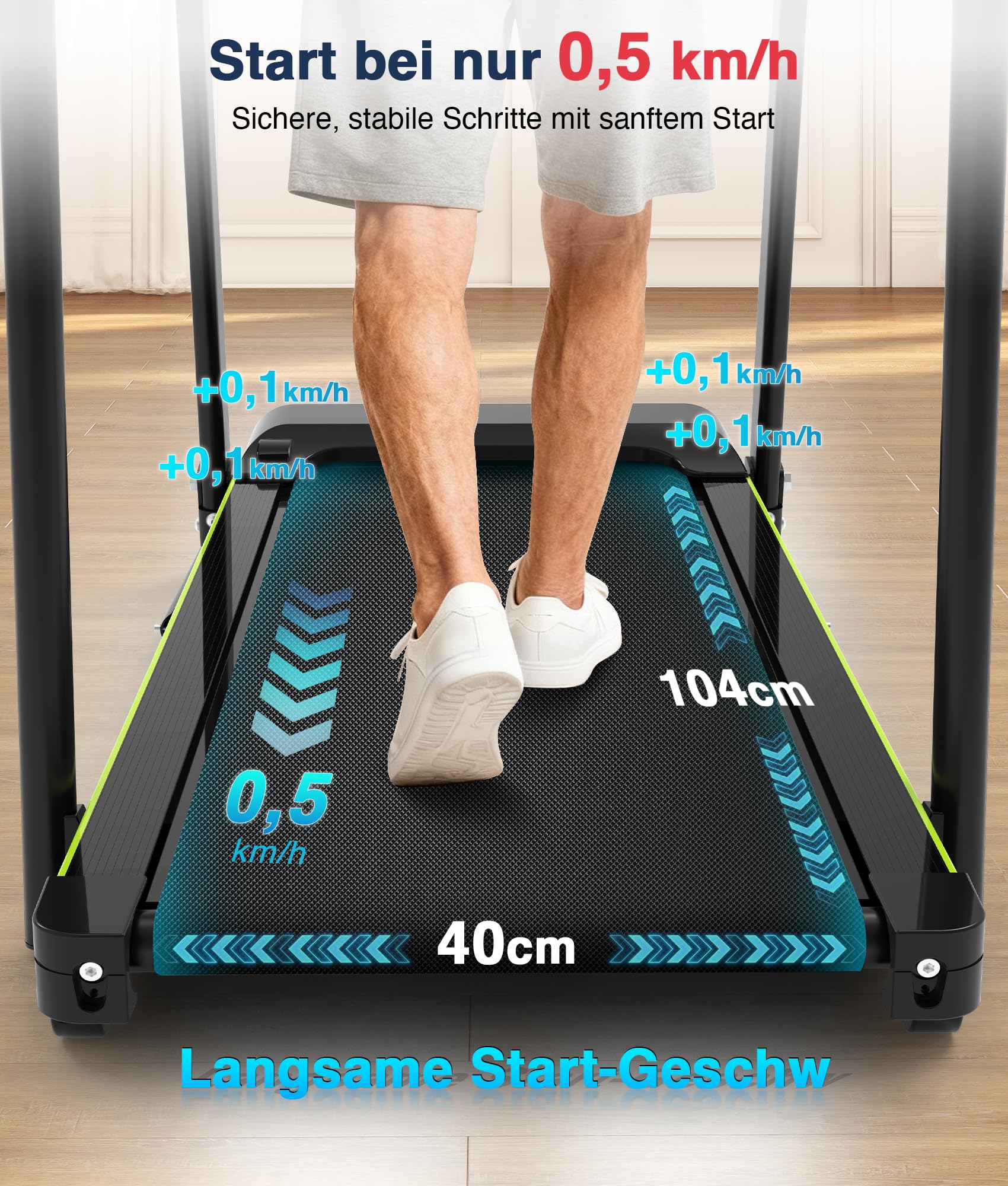 Redliro Laufband für Senioren mit Handläufen, sanfter Start ab 0,5 km/h | 300 lb Tragkraft,0–2 % Neigung,Transporträder,Auto-Schmierung, Bildschirm-Aus-Taste,Rehabilitations-Laufband für Zuhause