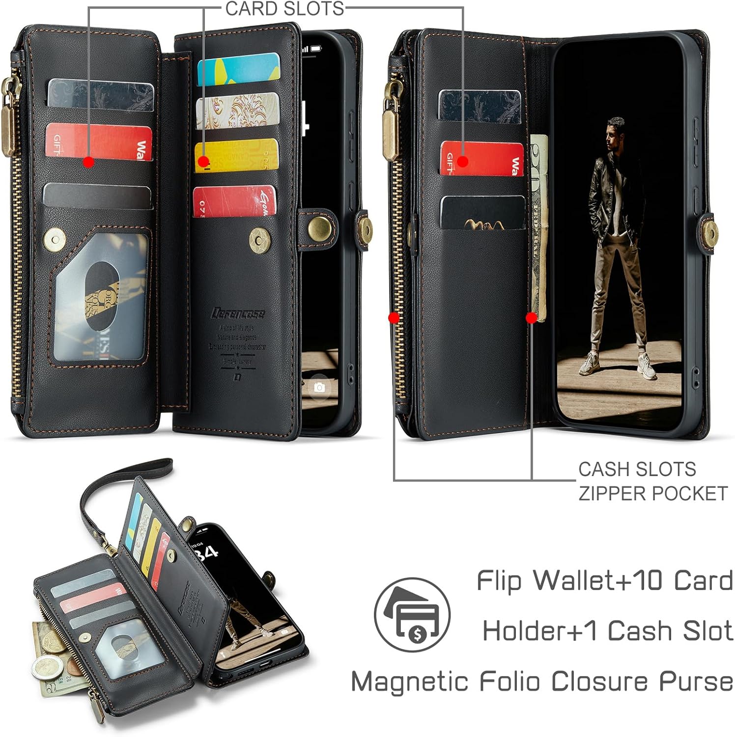 Defencase for Galaxy S26 Ultra Case Wallet with RFID Blocking Card Holder for Women Men, PU Leather Magnetic Snap Flip Wristlet Strap Zipper Wallet Phone Cases for Samsung Galaxy S26 Ultra 6.9", Black