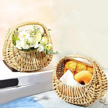 2 PCS Handwoven Flower Baskets,Half-moon Straw Rattan Basket,Hand-Held Flower Arrangement Basket,Retro Storage Container for Home Decor Photo Props