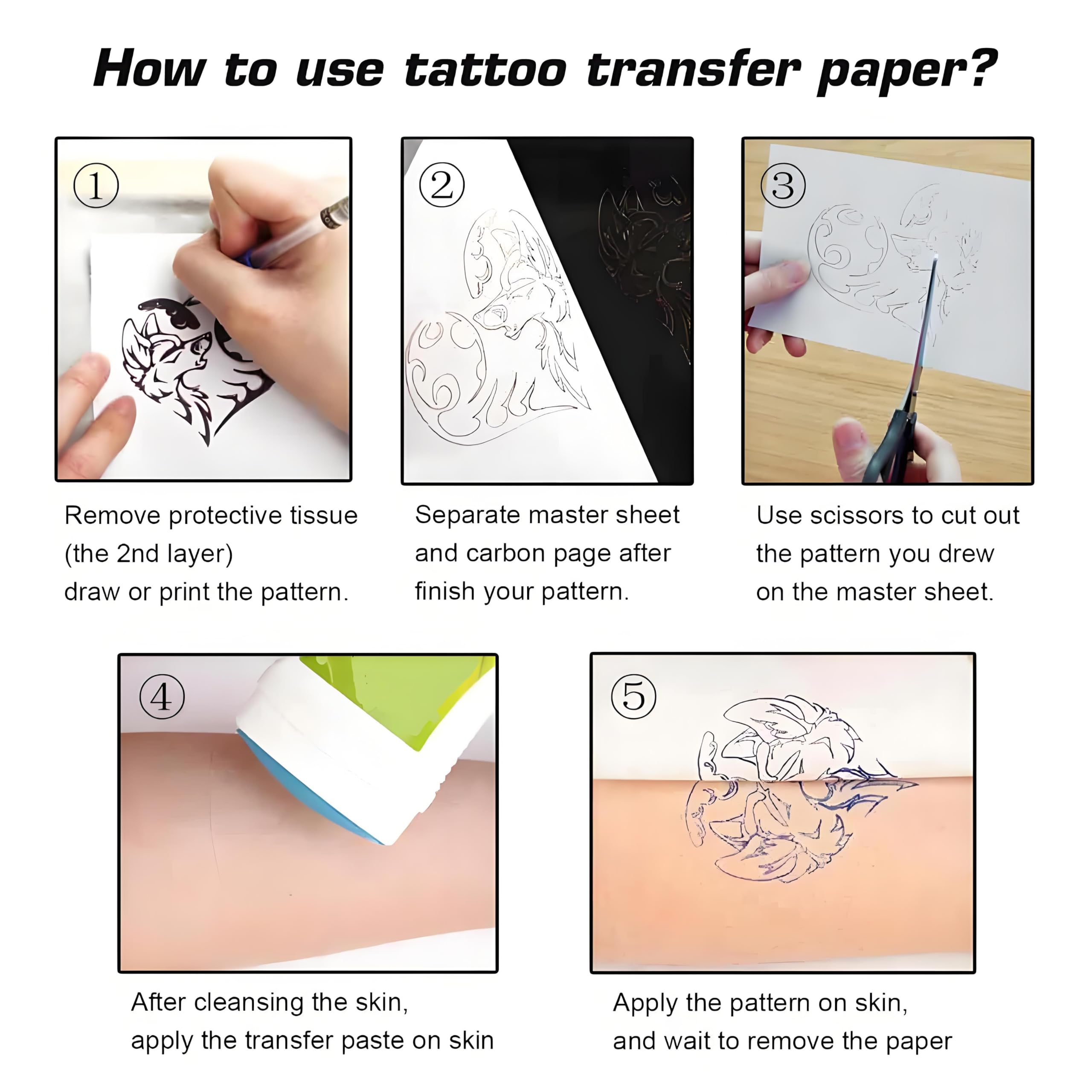 Raxfekro - Lot 100 Feuilles Papier Transfert Tatouage A4 - Stencil Tatouage Précis Et Clair - Transfert Peau Facile