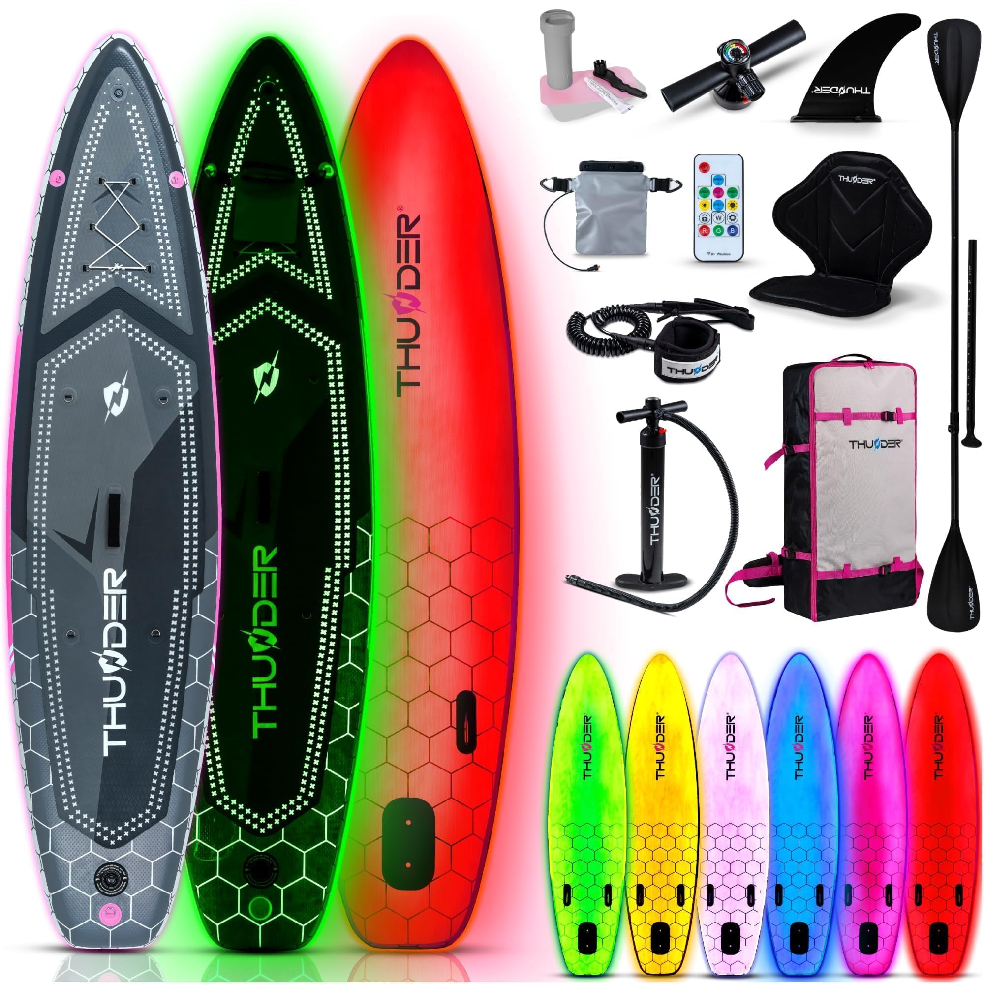THUNDER Pro LED Sup Board 320 cm avec Siège Kayak – Stand Up Paddle Board Gonflable avec Éclairage RGB LED, Pompe, Pagaie & Sac à Dos – Set Sup jusqu'à 150 kg