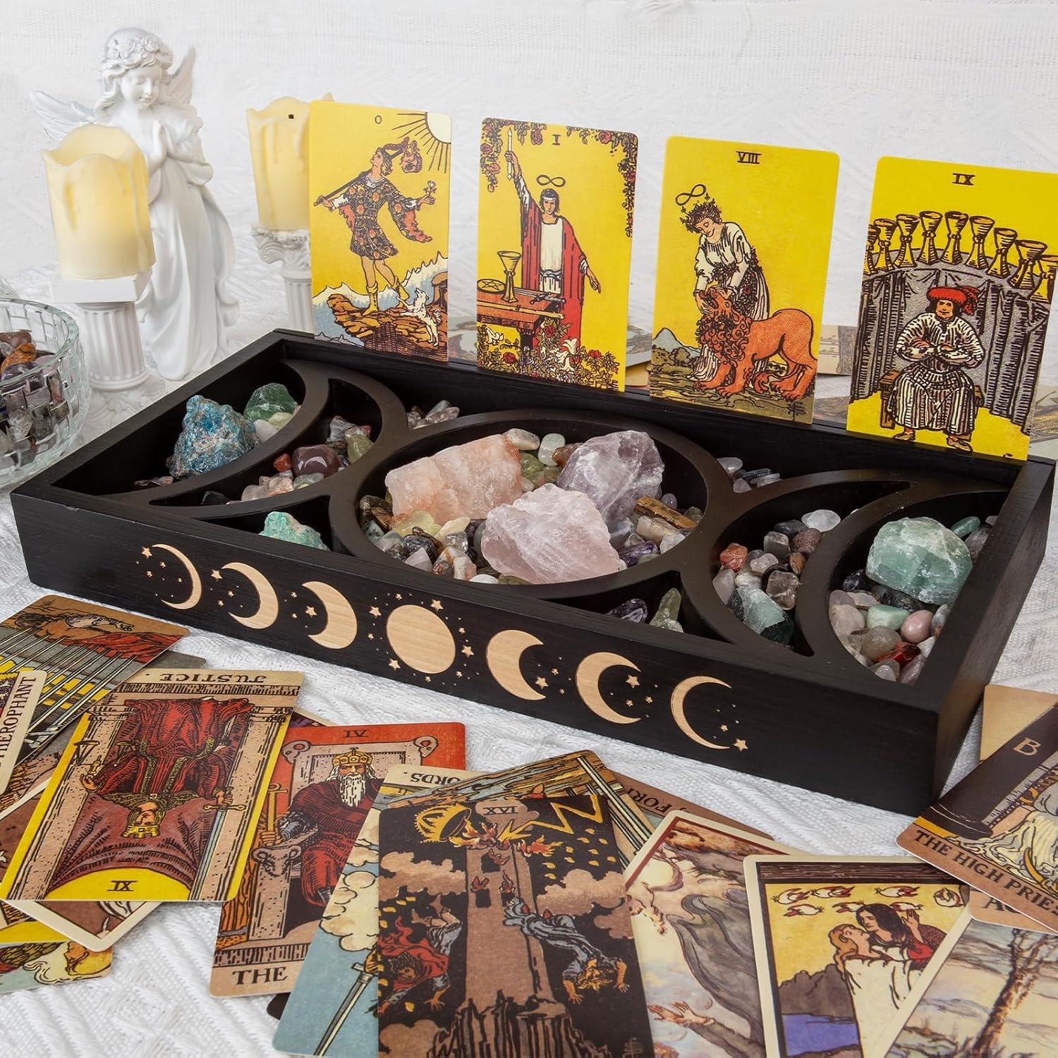 Crystal Tray for Stones,Moon Shape Triple-Tier Moon Crystal Box Versatile Display Tray for Tarot Cards & Crystals,Crystal Storage Holder Tray