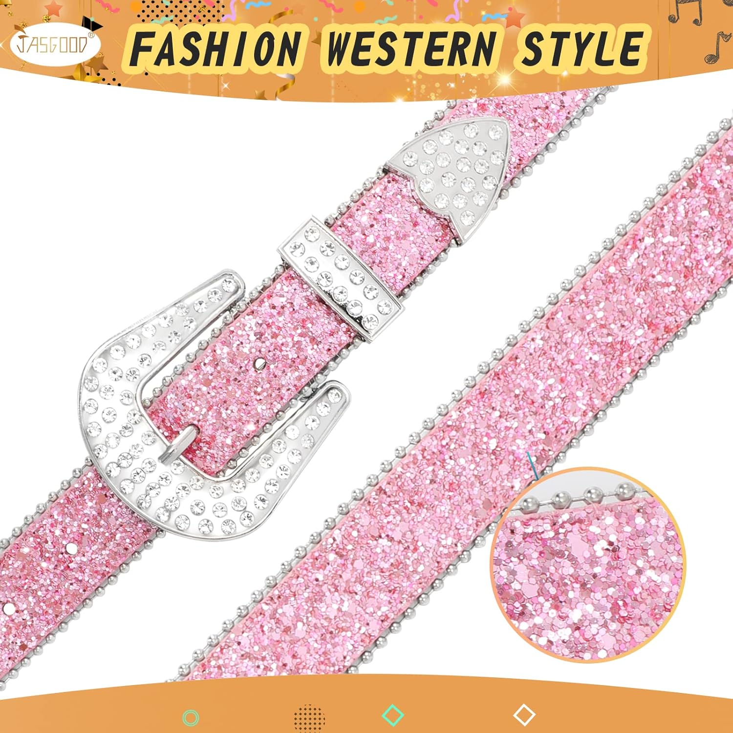 JASGOOD Kids Rhinestone Belt for Girls and Boys,Western Cowgirl Cowboy Bling Studded Leather Belt for Jeans Dress - Image 3