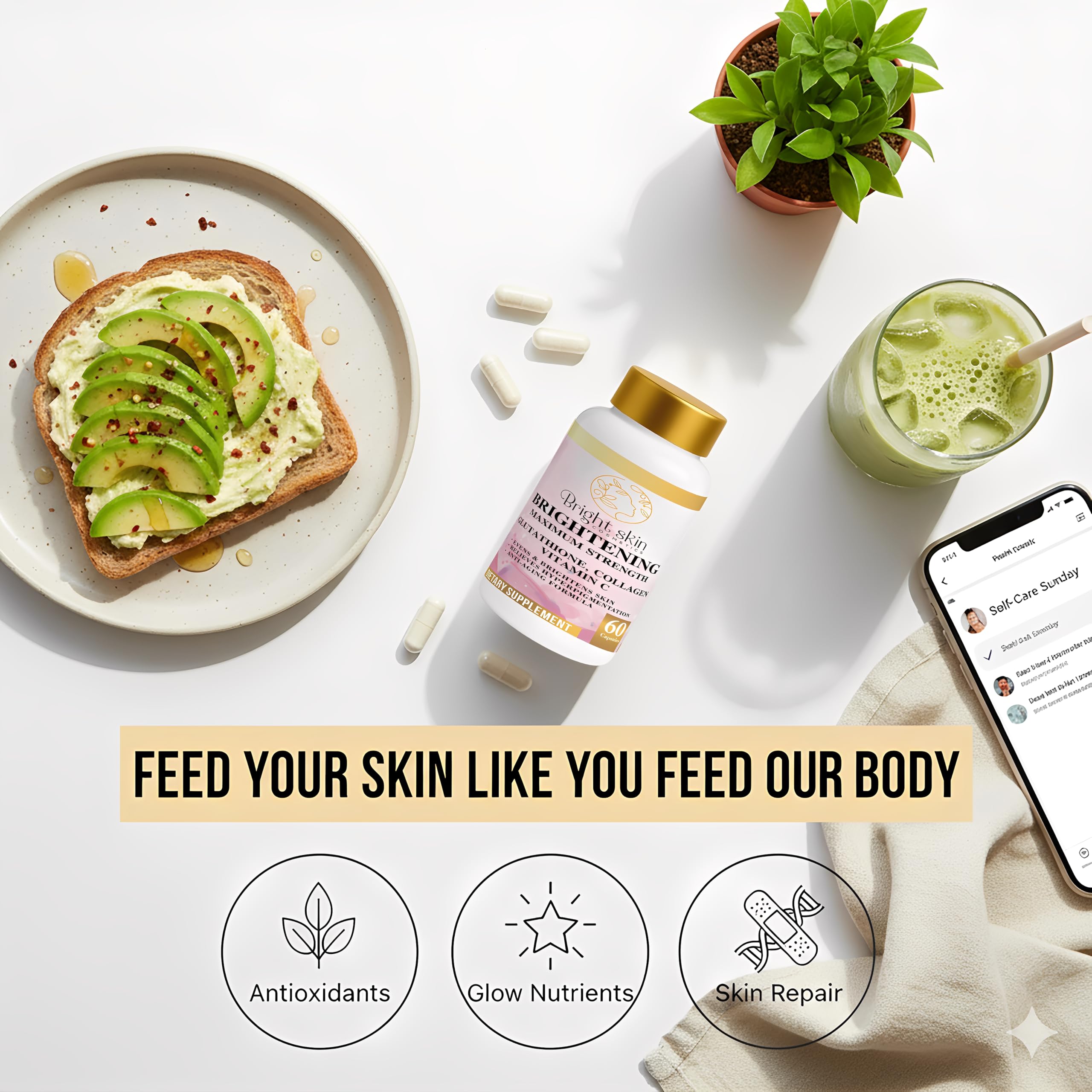 Amazon.com: Bright Skin Cosmetics Brightening Supplements with Glutathione,  Collagen, and Vitamin C : Beauty & Personal Care