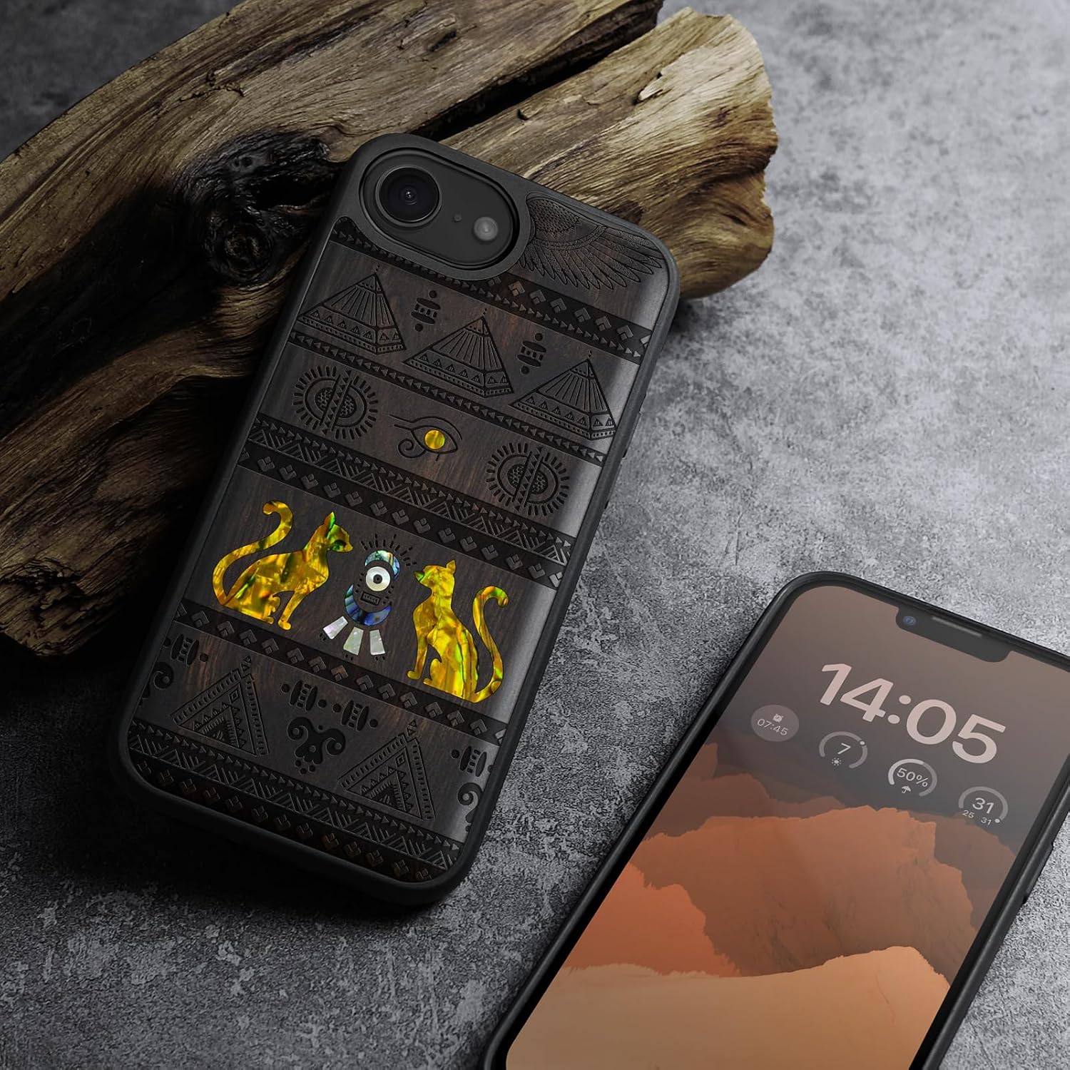Carveit Magnetic Wooden Case for iPhone 16e / 17e, Wood Artisan Engraved & Handmade Shell Inlaid, TPU Shockproof Cover, Compatible with MagSafe Wireless Chargers, The Symbols of Egypt - Blackwood