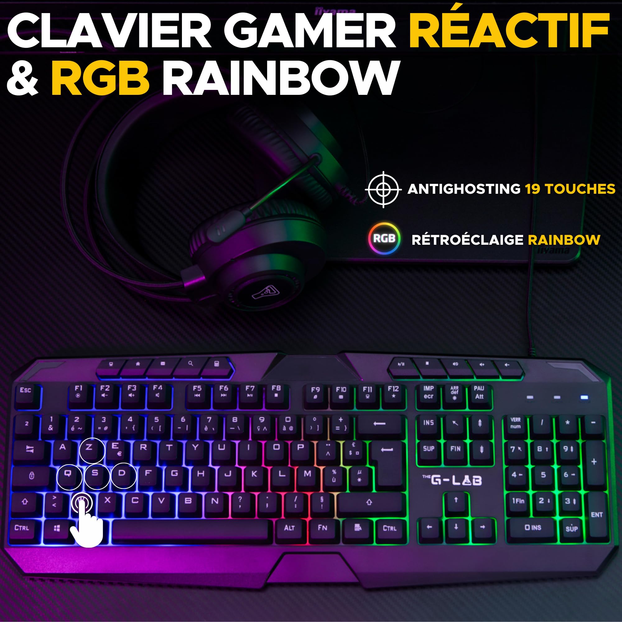 The G-Lab - Combo Natrium - Set tastiera mouse gamer 4 in 1 - Tastiera gamer AZERTY USB, RGB, 19 tasti Antighosting, Mouse gamer 6400 Dpi, Cuffie da gioco & Tappetino per mouse - PC/PS4/PS5-XBOX