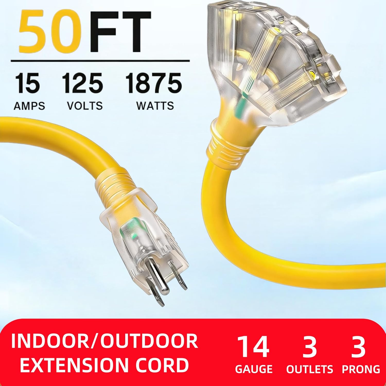 50FT 14/3 Gauge Heavy Duty Outdoor Extension Cord Waterproof with Lighted end, Flexible Cold-Resistant 3 Prong Electric Cord Outside, 15Amp 1875W 12AWG SJTW, Yellow, ETL