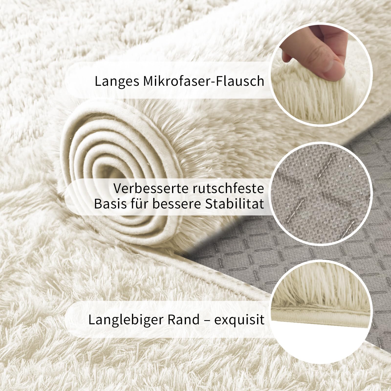 Hochflor Teppich Wohnzimmer 140x200cm, Creme Fuzzy Shaggy Flauschiger Teppich für Schlafzimmer Teppiche, Modern Plüsch Wohnzimmerteppich Bettvorleger High-Pile Carpet rutschfest für Kinderzimmer