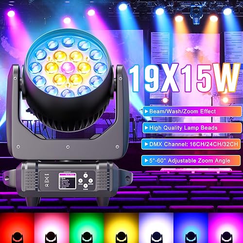 Miniatura 2 de Luz LED de cabeza móvil de 19 x 15 W, efecto de hazlavadozoom, luces de escenario RGBW 4 en 1 profesionales, DMX512, luces de DJ activadas por