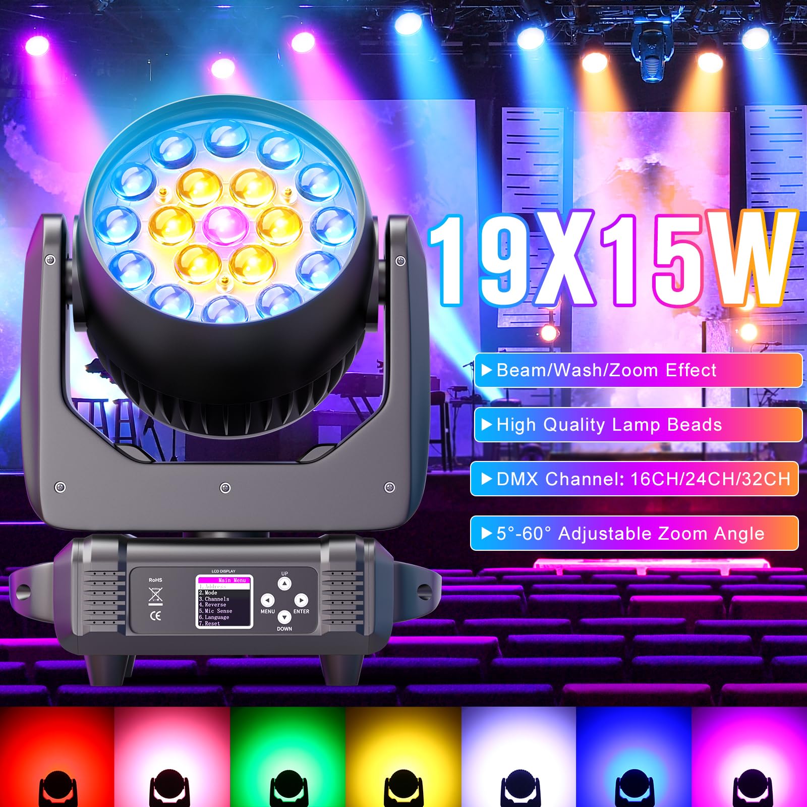 LED Moving Head Light 19x15W Beam/Wash/Zoom Effect, RGBW 4in1 Stage Lights Professional Auto, DMX512,Sound Activated and Self-propelled Control DJ Lights for Music Party Disco Wedding