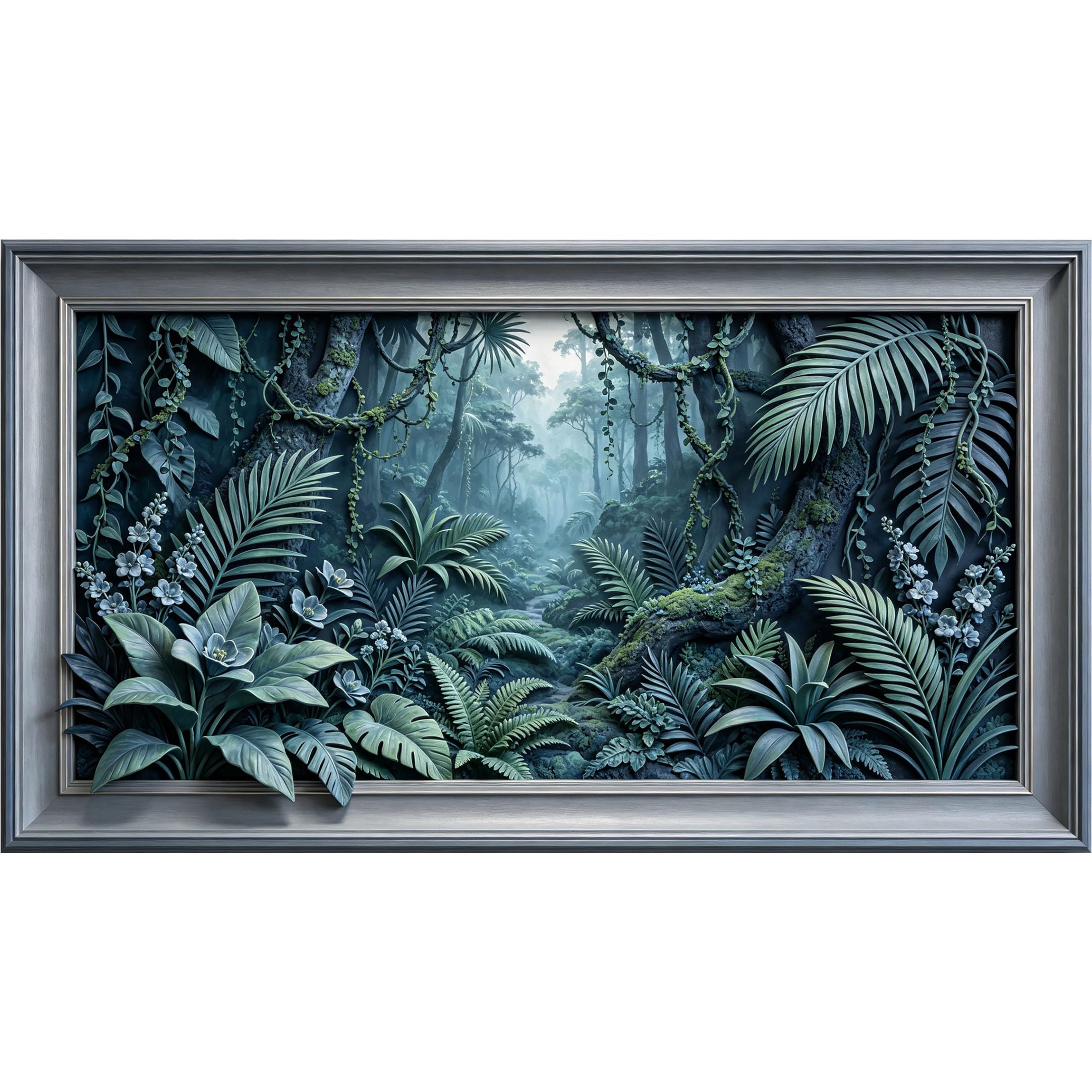 QZLITHOTIC 50×90cm3D Framed Wall Art， Dark Forest Botanical Jungle Mural， Water?Activated Peel & Stick Fabric Decor Wall Decal for Bedroom Living Room