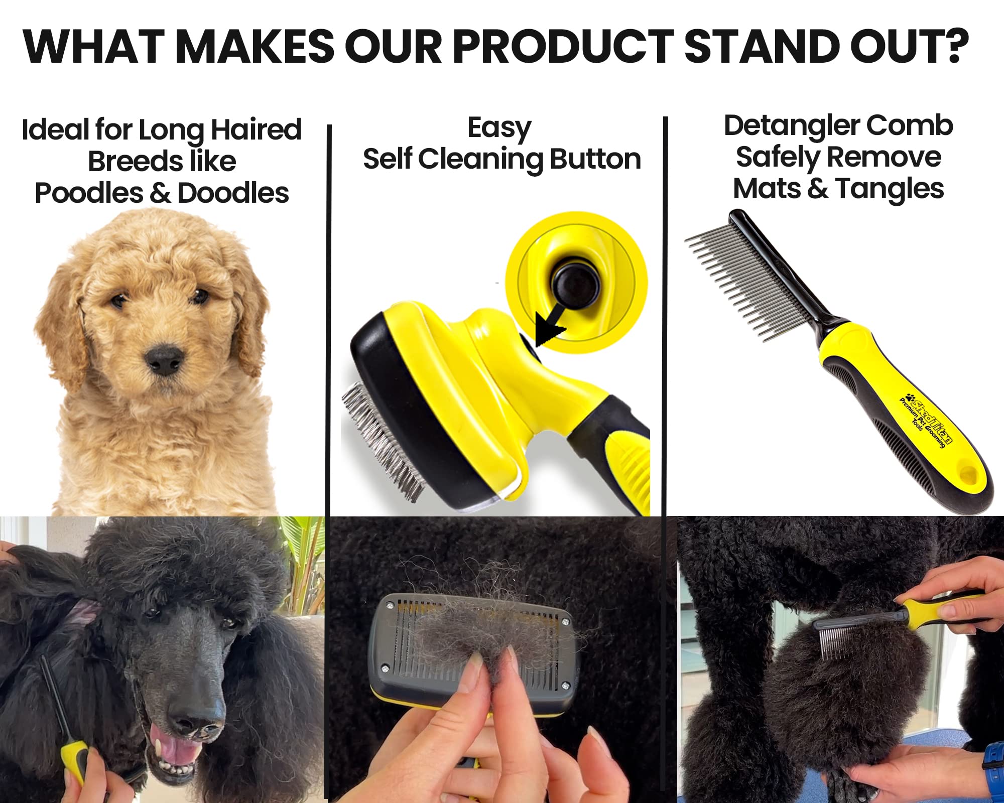 Cepillo para perros para Goldendoodles, caniches y desenredantes para mascotas, cepillo fácil de autolimpieza para aseo de perros, garabatos dorados, caniches y gatos, peine desenredante que