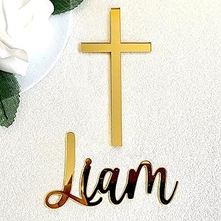 Personalized Name Cake Charm & Cross, Custom Christening Cake Topper, Baptism Cake Decor, Laser Cut Name, Cake Plaques, Mirror Acrylic Cake Decorations, 1st Holy Communion, God Bless, Available Sizes