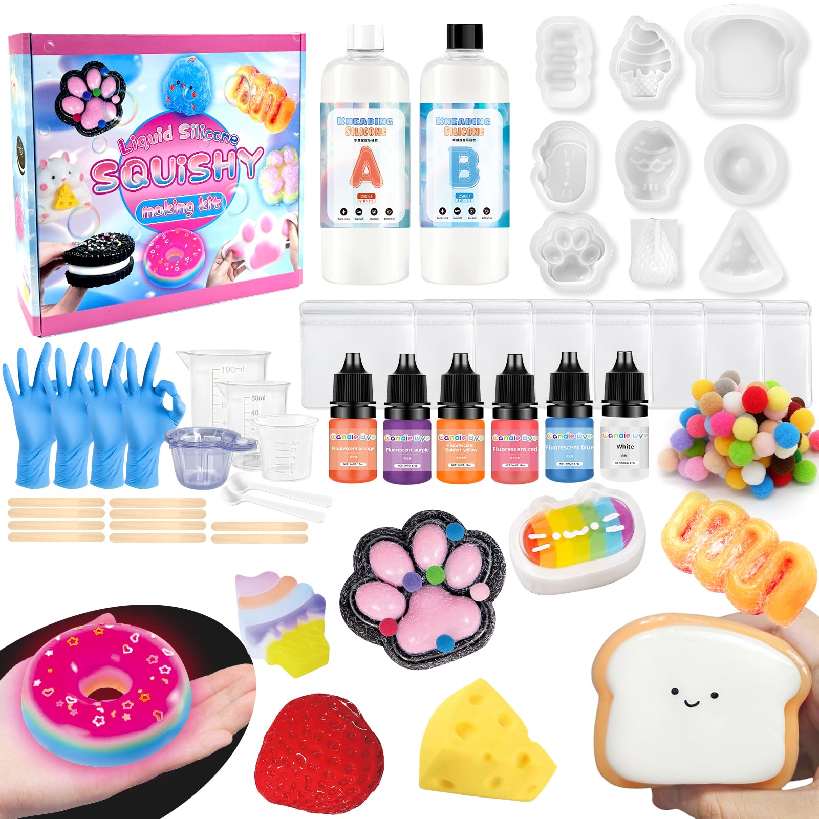 Kit de fabrication à squishy - 500 ml - En silicone liquide - Rapport 1:1 - Cadeau créatif avec forme, gant, verre doseur, bâtonnets en bois B