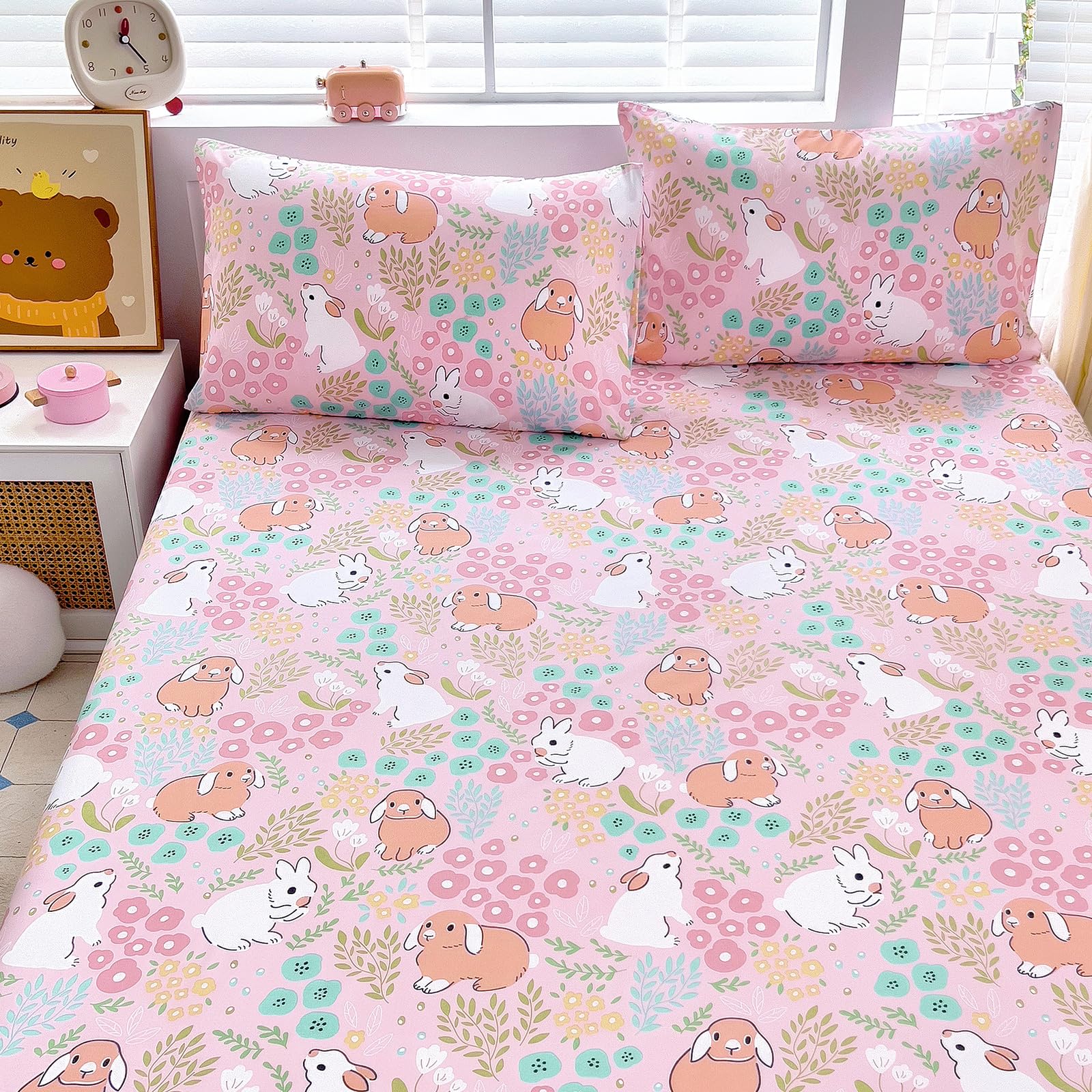 Queen Sheet Set Kids - Light Pink 4 Pieces Soft Microfiber Cartoon Style Bedsheets for Boys Girls Teens, Oeko TEX Breathable 15 Inch Deep Pocket Sheets(Cute Rabbit)
