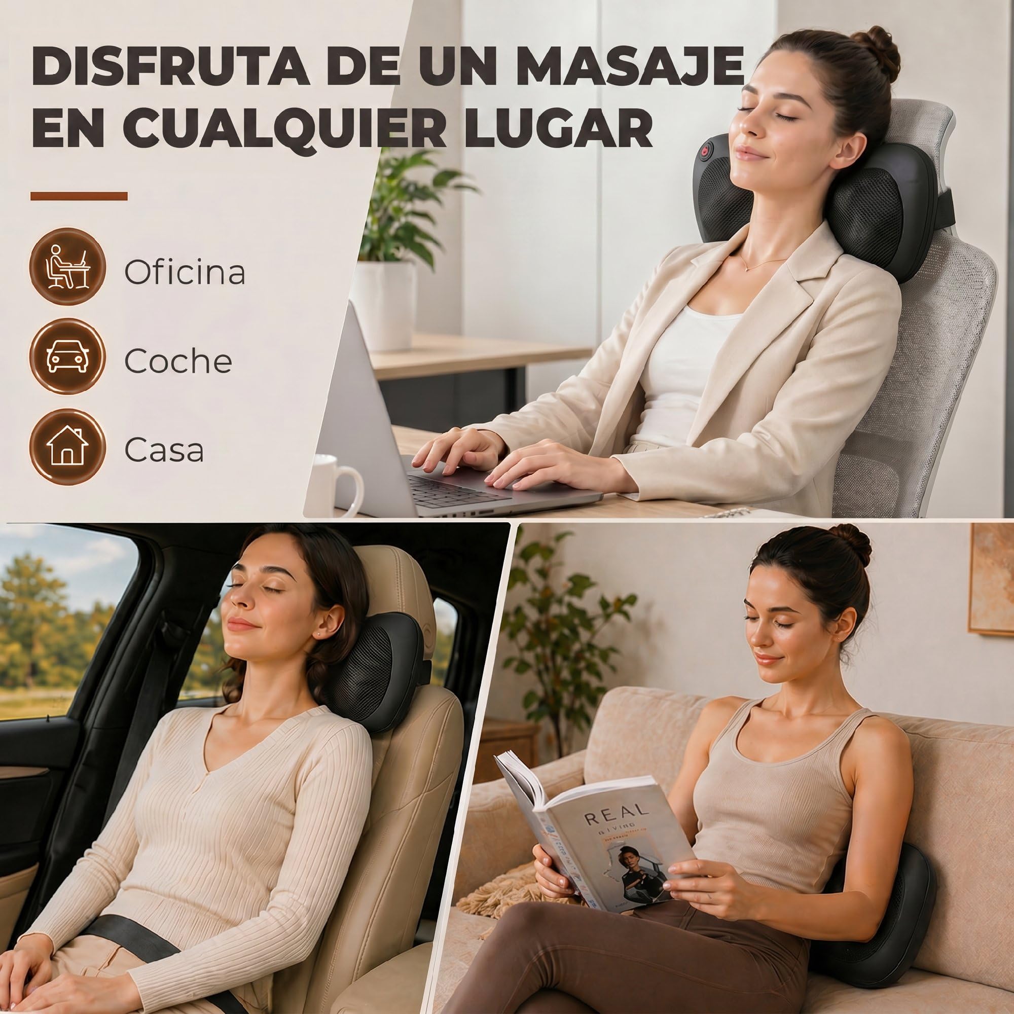 HOMCOM Cojín de Masaje Shiatsu con Calor y 4 Nodos, Amasado Giratorio 3D | Masajeador de Espalda y Cuello, Alivio de la Fatiga Muscular, para Mujer y Hombre, en Casa, Oficina y Coche