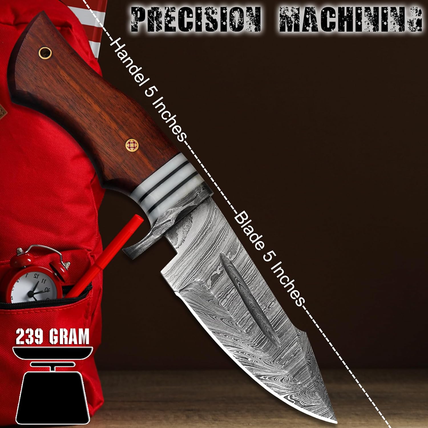 SC Handmade Damascus Hunting Knife with Genuine Leather Sheath – Fixed Blade Knives with Rosewood Handle – Camping, Survival, Skinning & Bushcraft Knife - Image 3