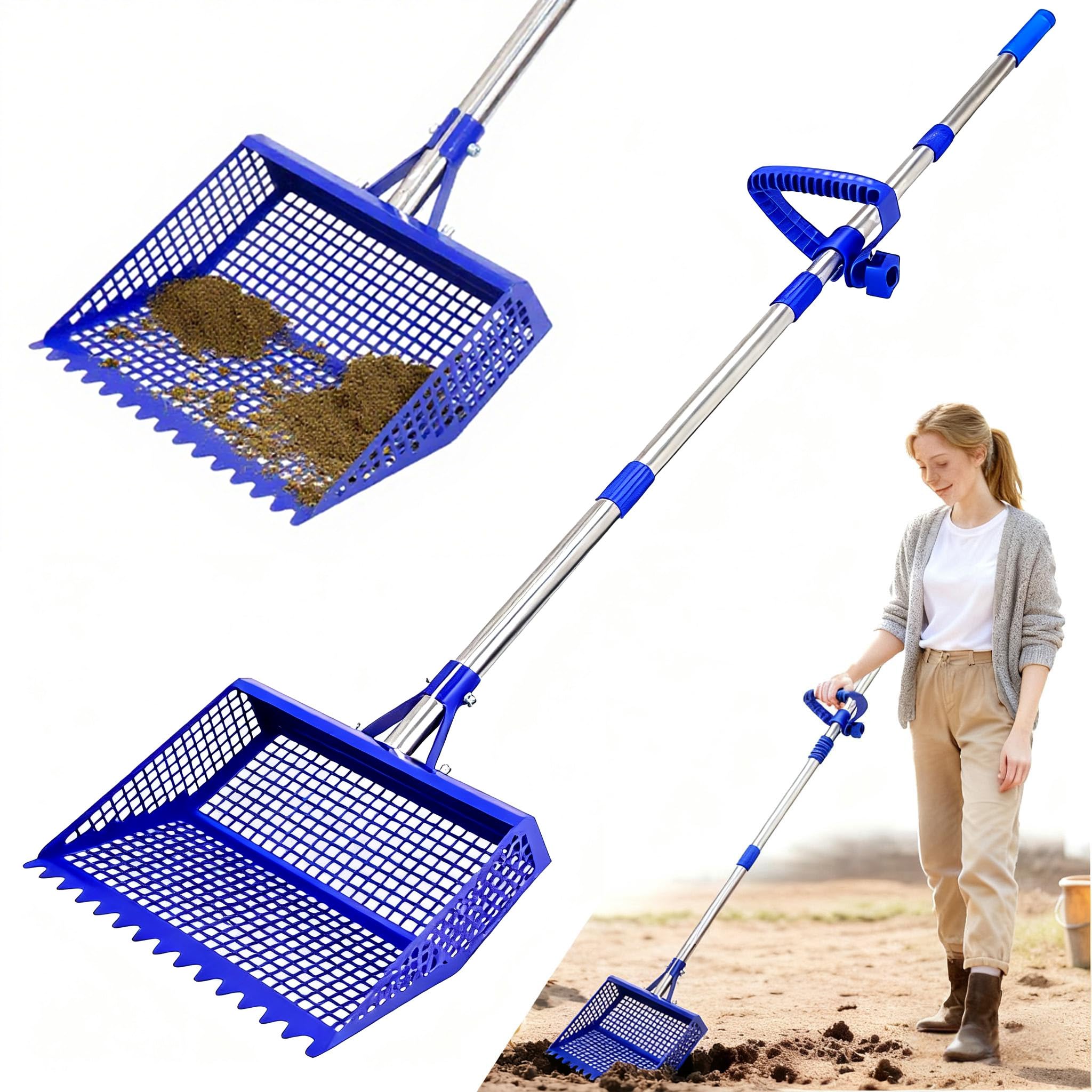 dakasokaaa Chicken Poop Scooper & Rake 2-in-1, Metal Chicken Coop Scoop for Poop with 24 to 68" Adjustable Stainless Steel Handle, Litter Scooper Sand Sifting Shovel Chicken Coops/Animals House