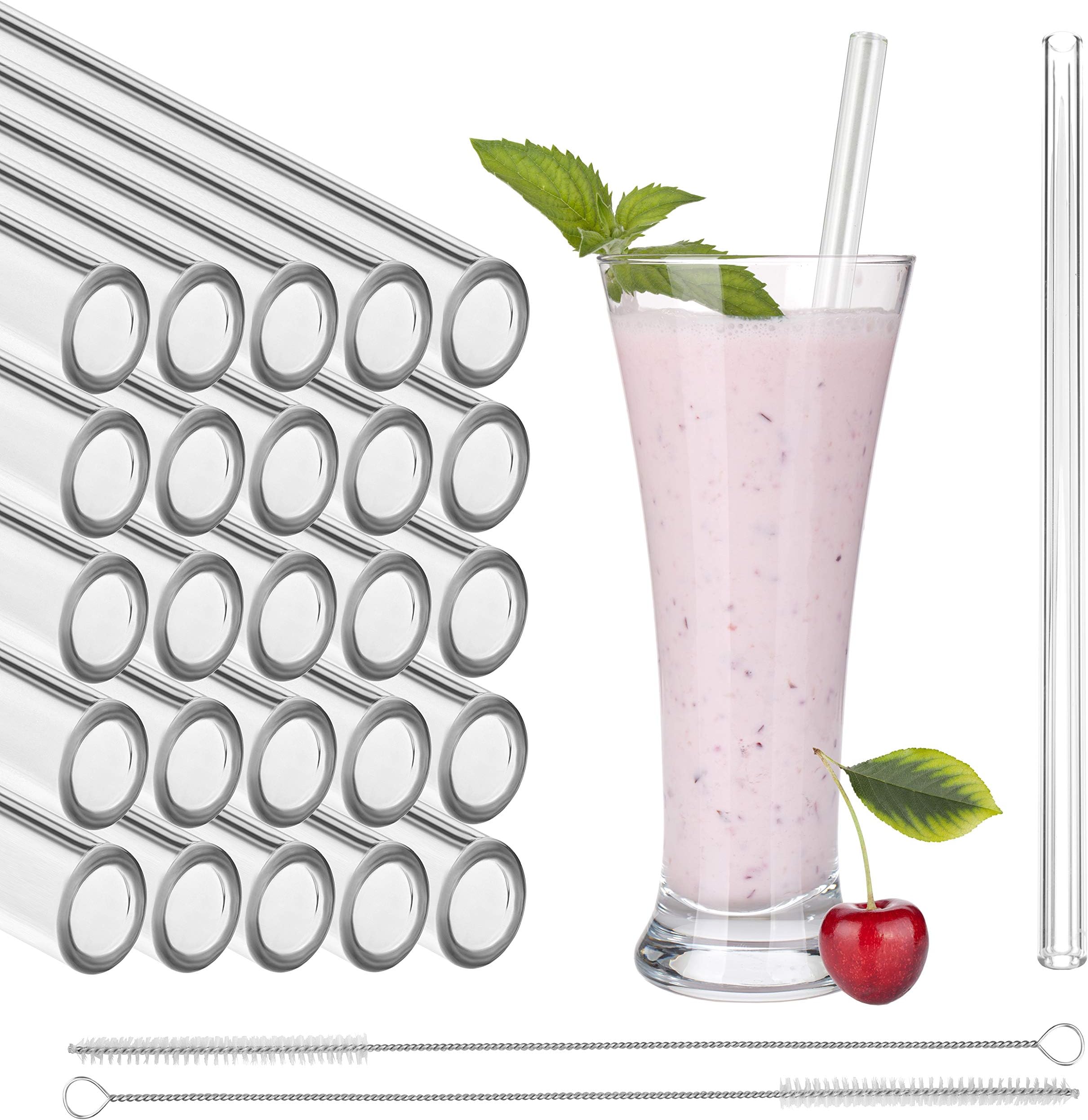 STRAWGRACE® Handmade Glass Straws, Straight - independently Tested in DE - Set of 25 with 2 Brushes - Glass Drinking Straws, Ideal for Smoothie etc. - 23 cm x 10 mm - Healthy, Reusable, Free of BPA