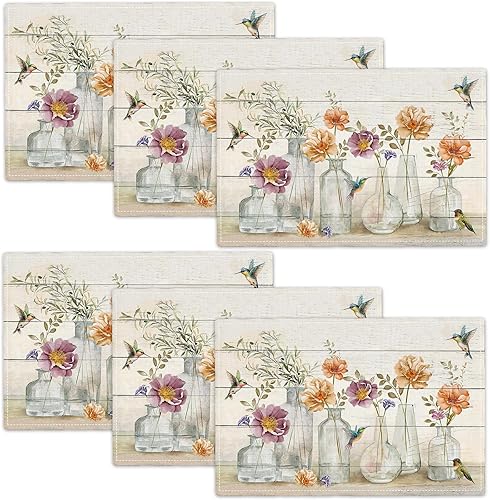 Miniatura 43 de Juego de 4 manteles individuales florales y colibríes, lavables, para decoración del hogar, fiesta, interior, cocina, comedor, 12 x 18 pulgadas