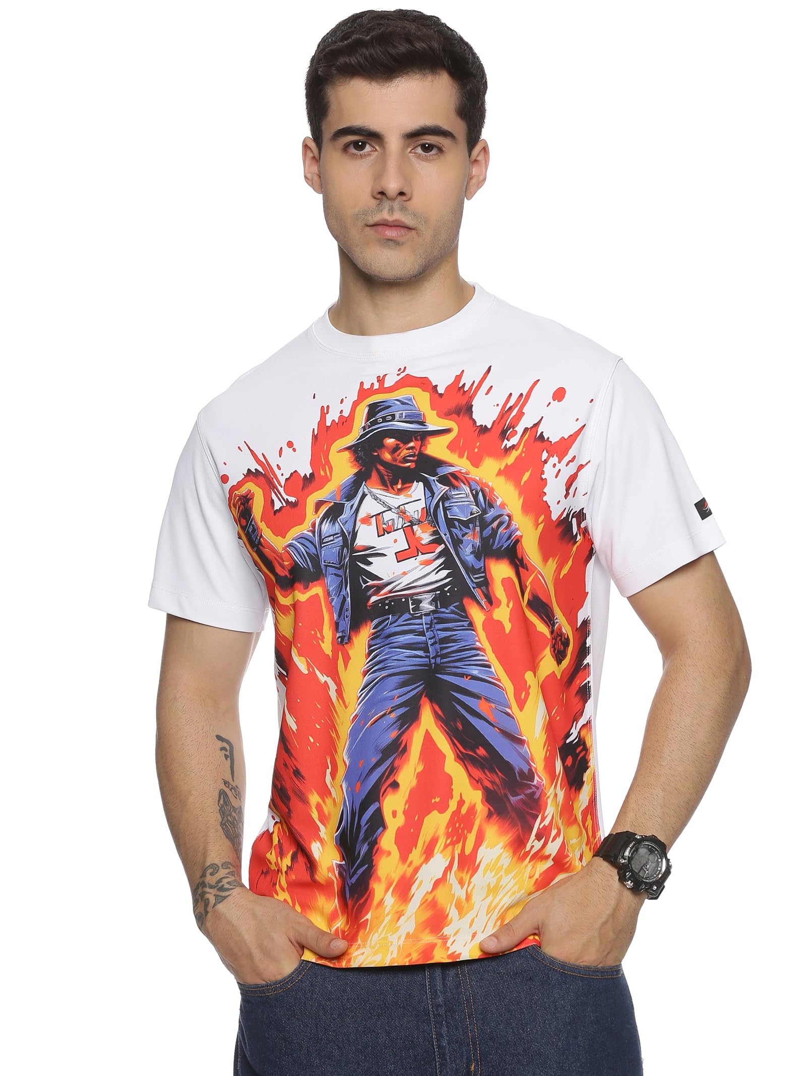 ABLINGLimited Edition Rebel Fire Men's Round Neck Polyester White T-Shirt | Bold Graphic Sublimation Print Tshirt | 200gsm UPF 50+ Clothing | Moisture-Wicking Regular Fit Casual/Lounge Tee