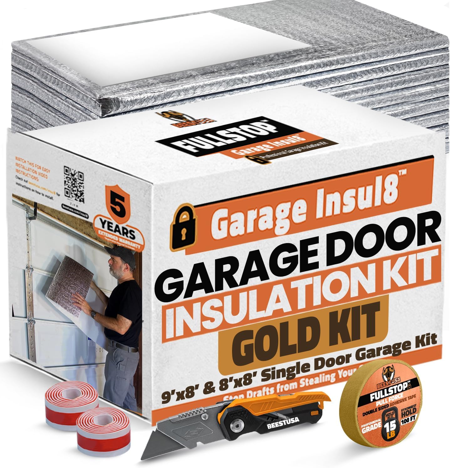 BEEST FULLSTOP Garage Door Insulation Kit w/ Seals & Window Films - 9x8 & 8x8 ft Single Garage Door Insulation Panels - Easy-to-Install 8 Pre-Cut 24x54 Foam-Core Panels w/ Tape, Cutter & Squeegee