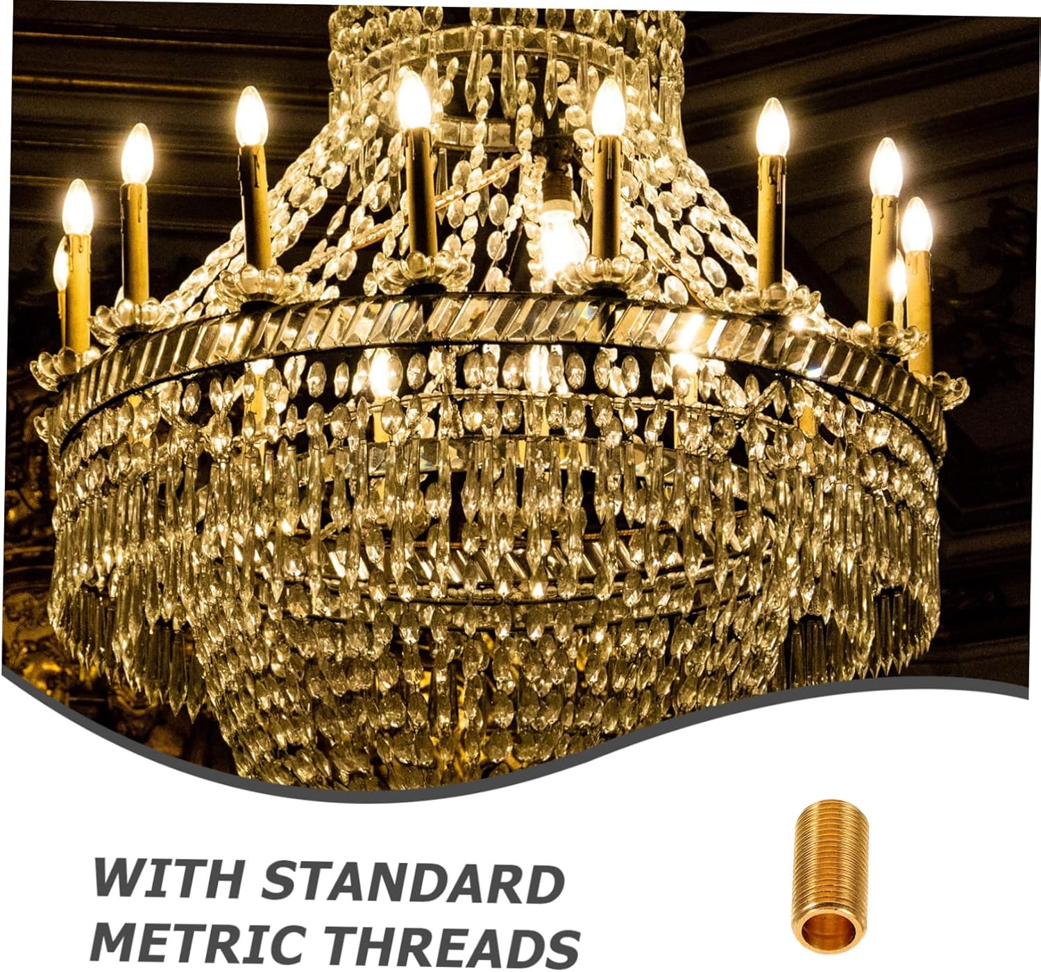 Chandelier with an inset image of the TEHAUX M10 Brass Lamp Rod Connector, highlighting 'WITH STANDARD METRIC THREADS'