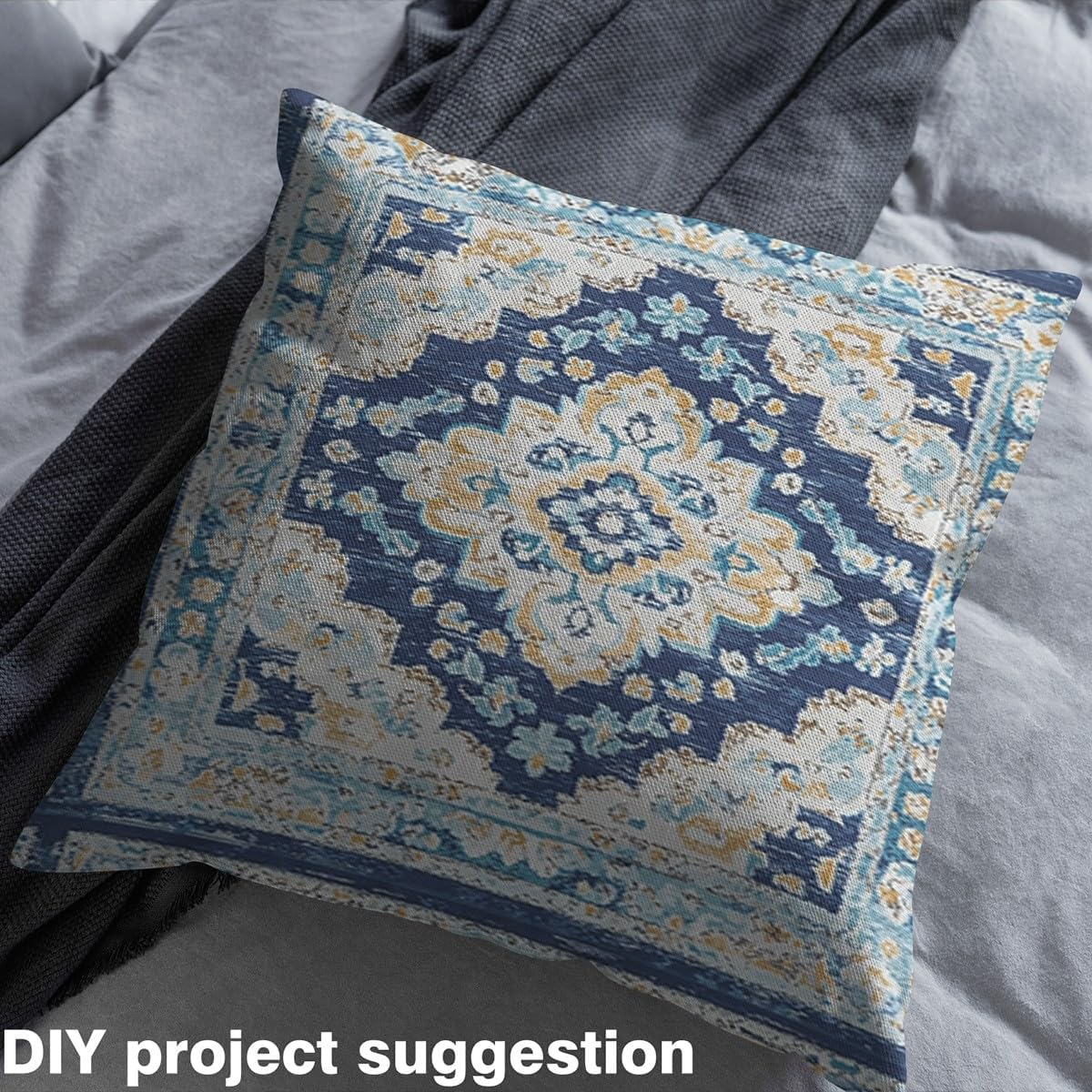 Boho Style Fabric by The Yard, Ethnic Design Gold Blue Upholstery, Farmhouse Bohemian Vintage Decorative Fabric, Antique Damask Inspired Egyptian Indoor Outdoor, 3 Yards