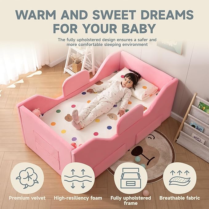 Cama Toddler con Cajones y Barandillas Desmontables, Tamaño Estándar, Rosa miniatura 5