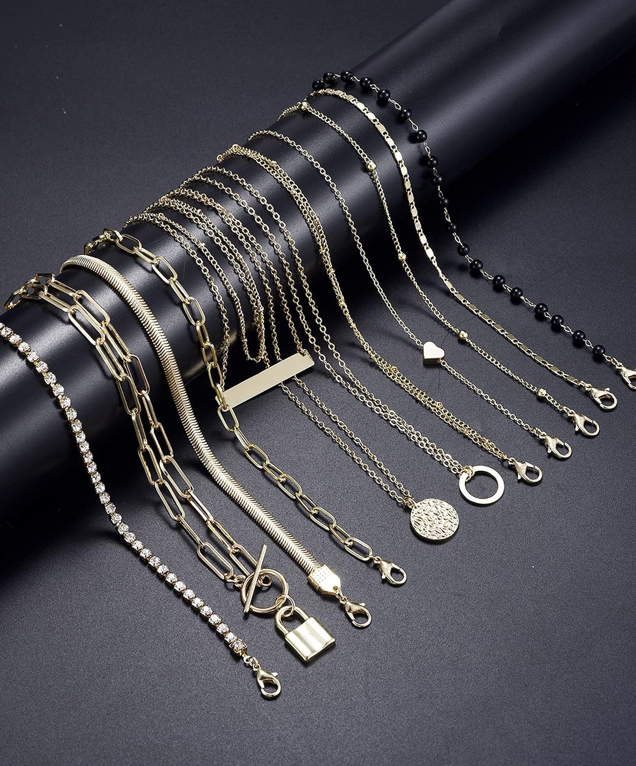 12pcs Chain Gold Bead Necklace Coin Moon Star Pearl Pendant Chain Choker Multilayer Necklace Leather Cord Set for Women Men Adjustable Gold Tone image 4