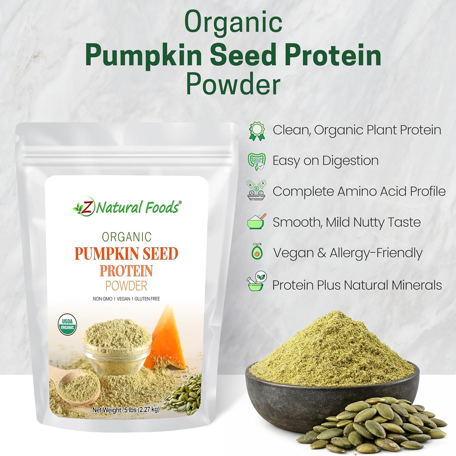 Z Natural Foods Organic Pumpkin Seed Protein Powder - Nutrient-Dense Fiber Supplement, Vegan Pumpkin Protein Powder for Hair Skin Nails Muscle Health - Ideal for Smoothies Shake Baking Recipes, 5 lbs