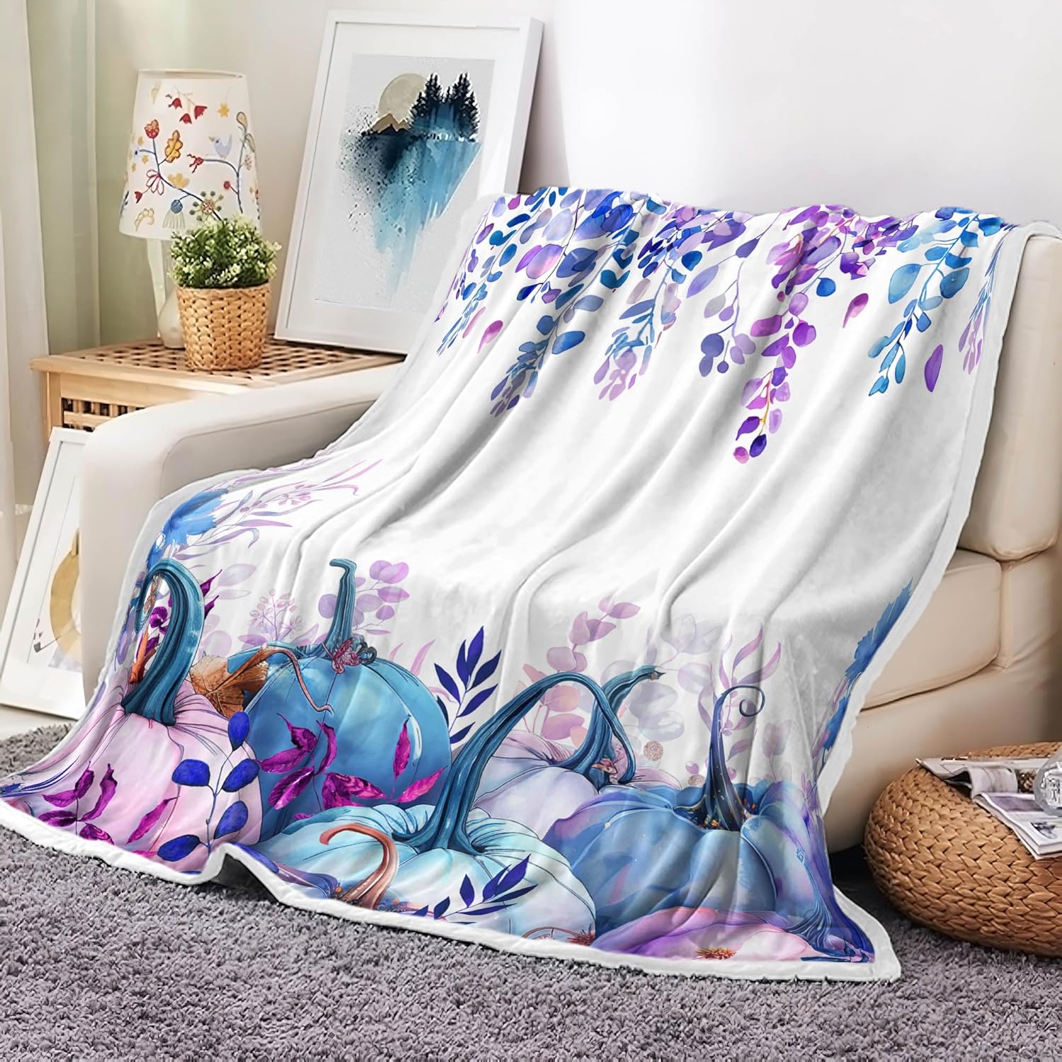 Fall Pumpkin Throw Blanket, Autumn Thanksgiving Cozy Flannel Blanket with Watercolor Pumpkins Eucalyptus, Soft Warm Plush Blanket for Couch Sofa Bed Chair Dorm Home Decor