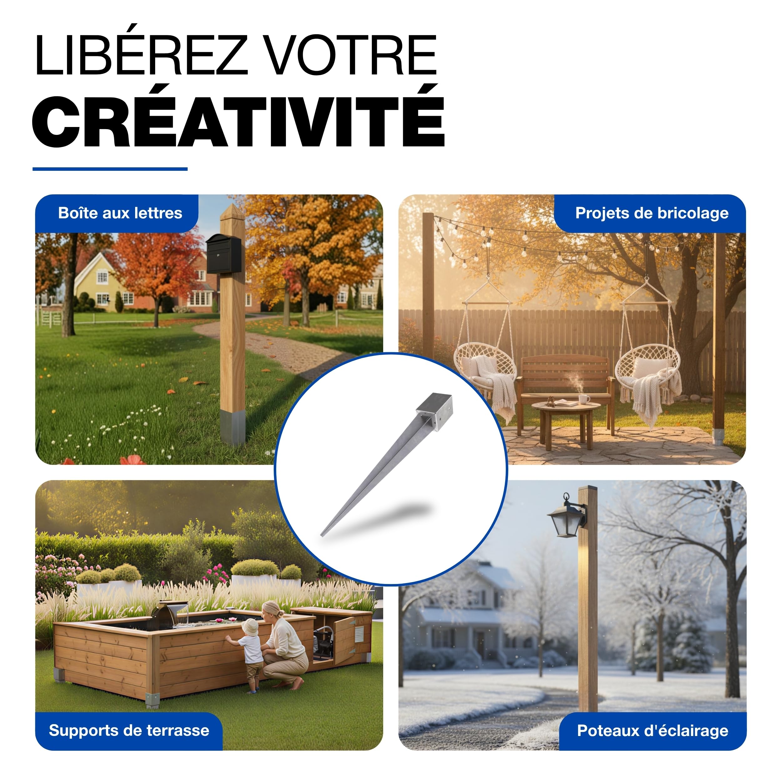 GeZu Impex Ancrage au sol 96 x 96 x 750 mm galvanisé à chaud Lot de 4 douilles de fond d'impact, support de poteau de poteau de poteau de frappe