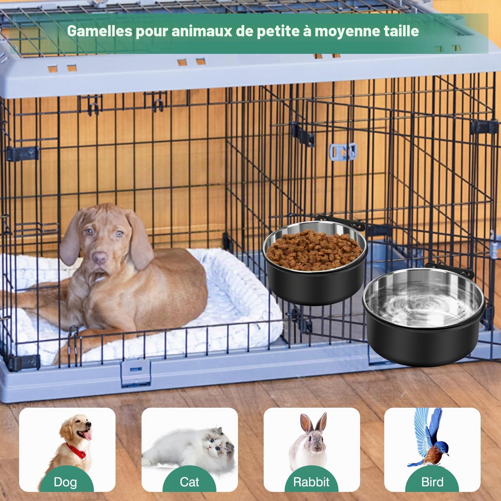 Lot de 2 gamelles à Eau pour Chien sans déversement - Gamelles à Suspendre pour Cage de Chien - Gamelles de Niche à Monter - en Acier Inoxydable - pour Chat, Chiot, Lapin, Oiseau - pour Chiens de