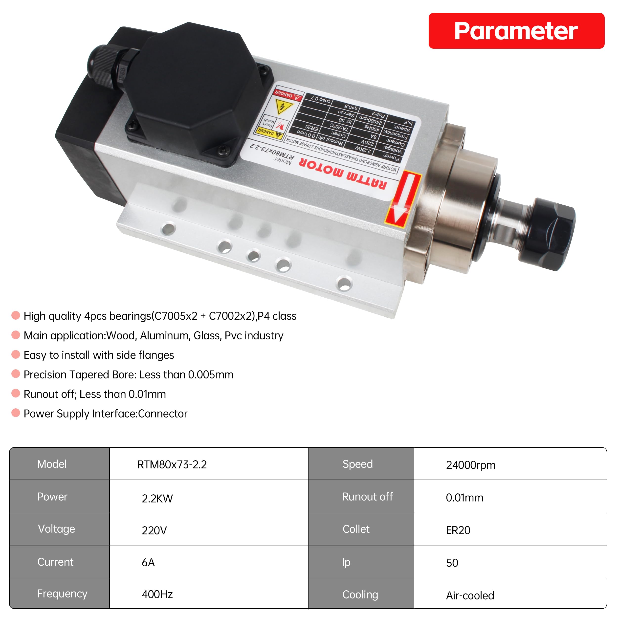 km 【meltthelady】 RATTMMOTOR CNC Spindle Motor Kit Square 2.2KW 220V Air